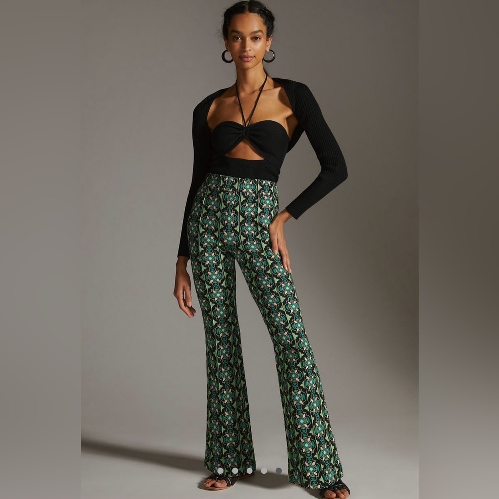 Anthropologie Sabine Geometric Green and Black Flare Pants